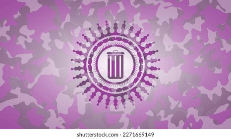trash can icon on pink and purple camouflaged texture. 
