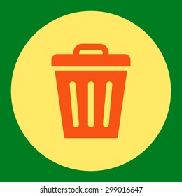 Trash Can icon from Primitive Round Buttons OverColor Set. This round flat button is drawn with orange and yellow colors on a green background.