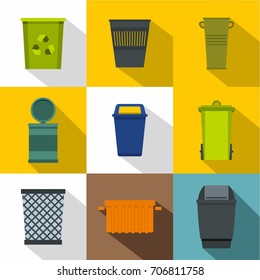 Trash can icon set. Flat style set of 9 trash can vector icons for web design