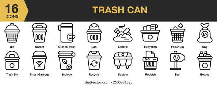 Trash can icon set. Includes bag, bottles, dustbin, kitchen trash, rubbish, smart garbage, and More. Outline icons vector collection.