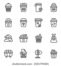 Trash can icon set. Includes bag, bottles, dustbin, kitchen trash, rubbish, smart garbage, and More. Outline icons vector collection.