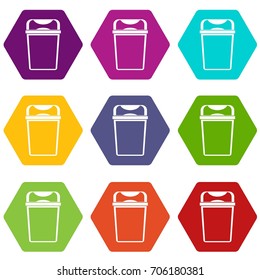 Trash can icon set many color hexahedron isolated on white vector illustration