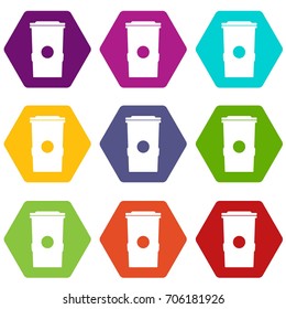 Trash can icon set many color hexahedron isolated on white vector illustration
