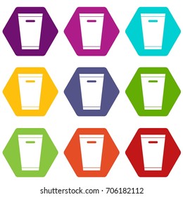 Trash can icon set many color hexahedron isolated on white vector illustration