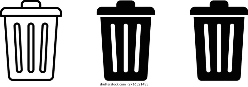 Conjunto de iconos de papelera, símbolos de Borrar mínimos, estilos delineados y sólidos, elemento de interfaz de usuario, gráfico de Vector para diseño digital