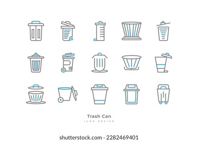 Trash Can Icon Set with Simple Line Style. Rubbish Bin Vector Illustration