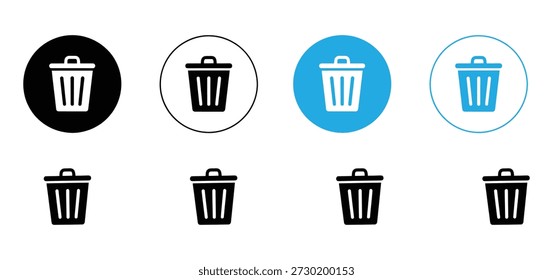 Conjunto de iconos de papelera. Vector Borrar, retira y desperdicia Botones. Colección de símbolos redondos planos de la papelera de reciclaje en negro y azul para la interfaz de Web.

