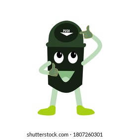 
trash can icon with a smile, has hands and feet