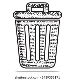 Trash can icon vector engraving style hand drawn element black and white