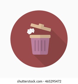 Trash can icon , Vector flat long shadow design.