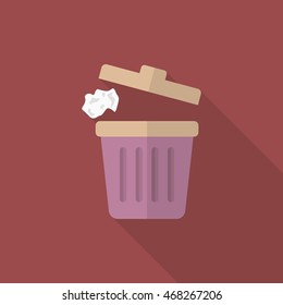 Trash can icon , Vector flat long shadow design.
