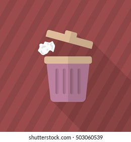 Trash can icon , Vector flat long shadow design.