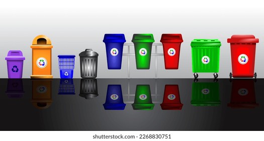 Trash can icon vector illustration with various models and color variations.