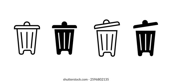 Trash Can Icons Closed, Open, Black, White, Waste Disposal