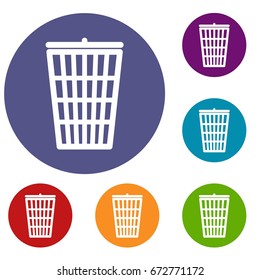 Trash can icons set in flat circle reb, blue and green color for web