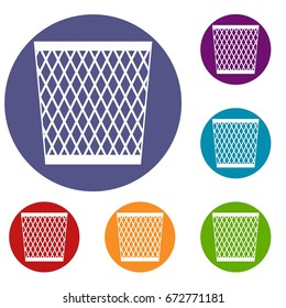 Trash can icons set in flat circle reb, blue and green color for web