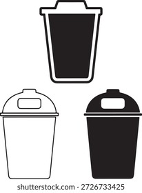 Trash can icons set isolated on white background, featuring both outline and solid styles. these symbols are suitable for illustrating waste management, recycling, and deletion concepts across various digital and print applications, emphasizing cleanliness.
