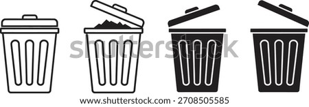 Trash can icons set. outline and solid style garbage bin symbols for delete, recycle, and waste management concepts on white background. Vector