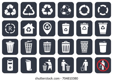 trash can icons set and recycle symbols