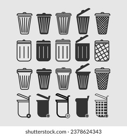 La papelera puede ajustar los iconos. Ilustración simple de 16 iconos vectoriales de la basura para web