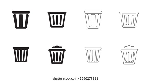 Trash Can icons set simple clean and smooth lines and fill vector icons in black on a white background.