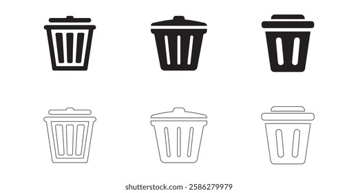 Trash Can icons set simple clean and smooth lines and fill vector icons in black on a white background.