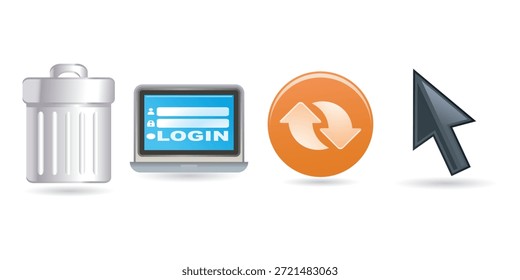 Papelera, pantalla de Inicio de sesión del ordenador portátil, icono de actualización de flechas y cursor: conjunto de símbolos de interacción digital