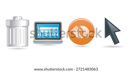 Trash Can, Laptop Login Screen, Refresh Arrows Icon, And Cursor – Digital Interaction Symbols set