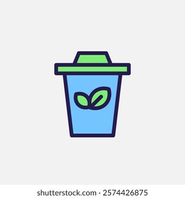 Trash can and leaf icon flat, free energy, ecology, renewable and green energy concept. Outline and filled colourful icon.