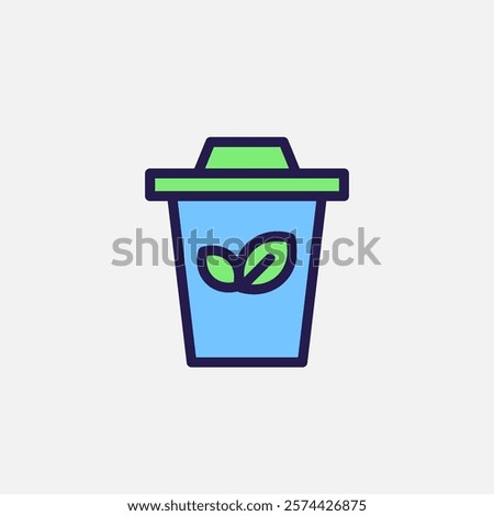 Trash can and leaf icon flat, free energy, ecology, renewable and green energy concept. Outline and filled colourful icon.