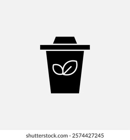 Trash can and leaf icon glyph, free energy, ecology, renewable and green energy concept. Solid black icon.