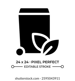 Trash can with leaves glyph ui icon. Sustainable waste management. Litter recycling process. Garbage processing. Black solid silhouette symbol vector. User interface element isolated, pixel perfect