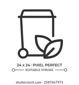 Trash can with leaves line ui icon. Sustainable waste management. Litter recycling process. Garbage processing. Isolated vector outline symbol. Webdesign user interface element linear, pixel perfect