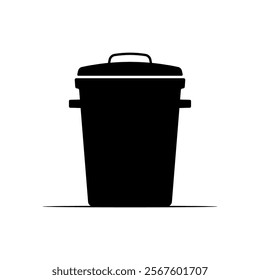 Trash can with lid and handles icon. Black silhouette. Front side view. Vector simple flat graphic illustration. Isolated object on white background. Isolate.