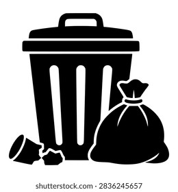 Trash Can with Lid, Tied Garbage Bag and Scattered Litter, Black Silhouette for Waste Collection and Sanitation Services
