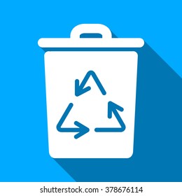 Trash Can long shadow vector icon. Style is a flat light symbol with rounded angles on a blue square background.