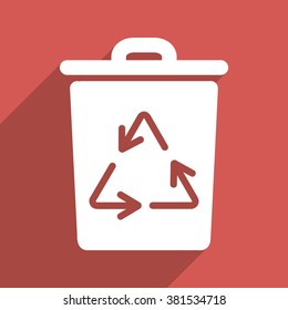 Trash Can long shadow vector icon. Style is a flat light symbol on a red square background.
