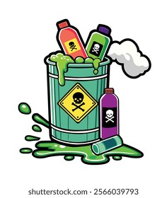 trash can with lots of bottles of dangerous chemical liquids