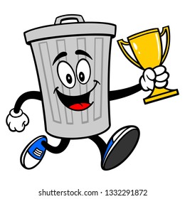 Trash Can Mascot running with a Trophy - A vector cartoon illustration of a aluminum Trash Can mascot running with a Trophy.