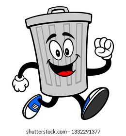 Trash Can Mascot Running - A vector cartoon illustration of a aluminum Trash Can mascot running.