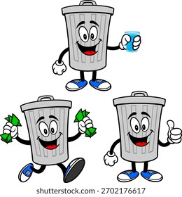 Trash Can Mascot Set 04, ilustraciones dibujadas a mano de Trash Can Mascots en varias poses.