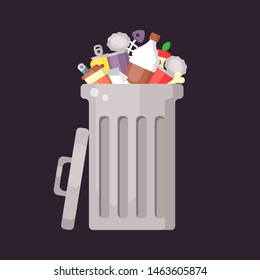 Trash can with mixed waste. Flat style vector illustration. 