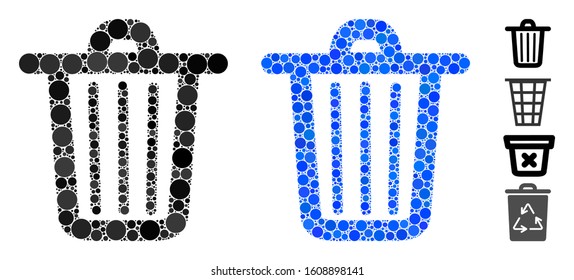 Trash can mosaic of filled circles in various sizes and color tinges, based on trash can icon. Vector filled circles are combined into blue illustration.
