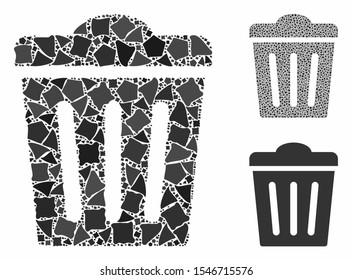 Trash can mosaic of irregular items in various sizes and color tinges, based on trash can icon. Vector irregular items are grouped into illustration. Trash can icons collage with dotted pattern.
