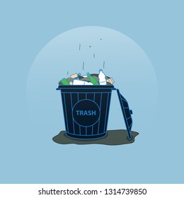 
Trash can with a mountain of garbage. Plastic, cardboard, glass, dirt. Flies and puddles fly around.
Vector illustration.