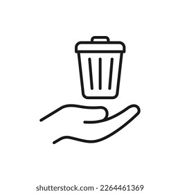 Trash can on hand icon line style isolated on white background. Vector illustration