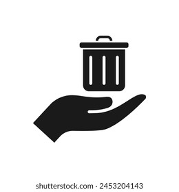 Trash can on hand. Keep clean icon flat style isolated on white background. Vector illustration