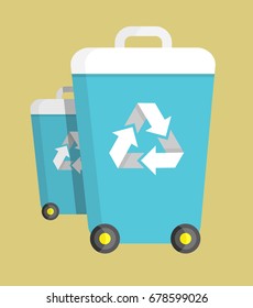 Trash can on wheels with recycling symbol vector illustration isolated on beige background. Plastic container with separation sign