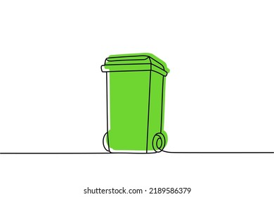 La basura puede hacer un dibujo continuo con un color de línea. Papelera de reciclaje, contenedor de desechos continuo de una línea colorida ilustración. Ilustración lineal vectorial.