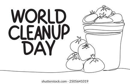 Trash can one line continuous. World Cleanup Day text lettering. Hand drawn vector art